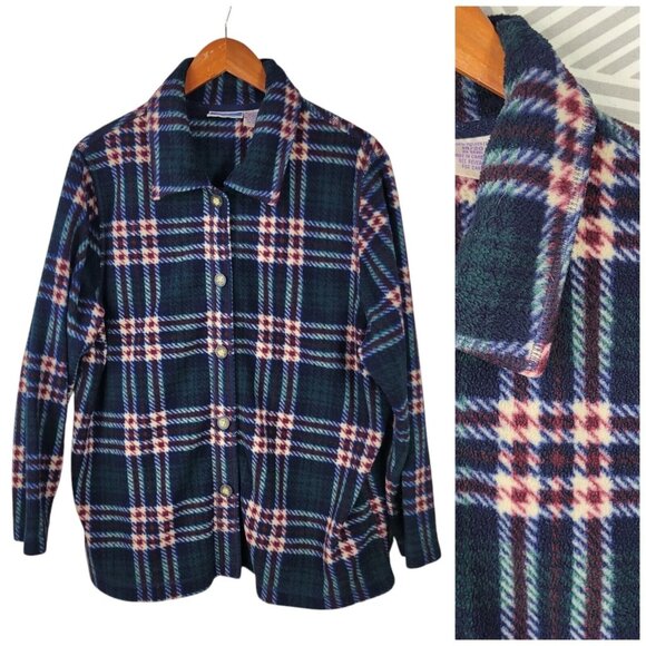 Vintage 90s Fleece Sweatshirt Jacket Plus size 18/20 2X warm Plaid Green Red - Picture 1 of 5